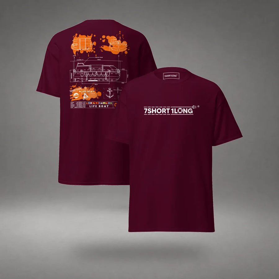Lifeboat Nautical T-Shirt Seafarer Survival Design in Maroon, front and back view, floating over a gray studio floor.
