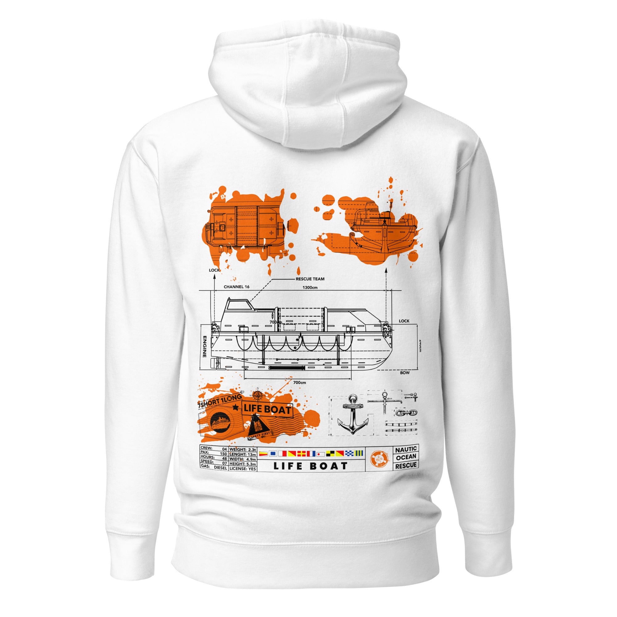7SHORT1LONG® Lifeboat Safety Hoodie featuring a graphic design, soft fabric, and comfortable fit for outdoor safety and casual wear.