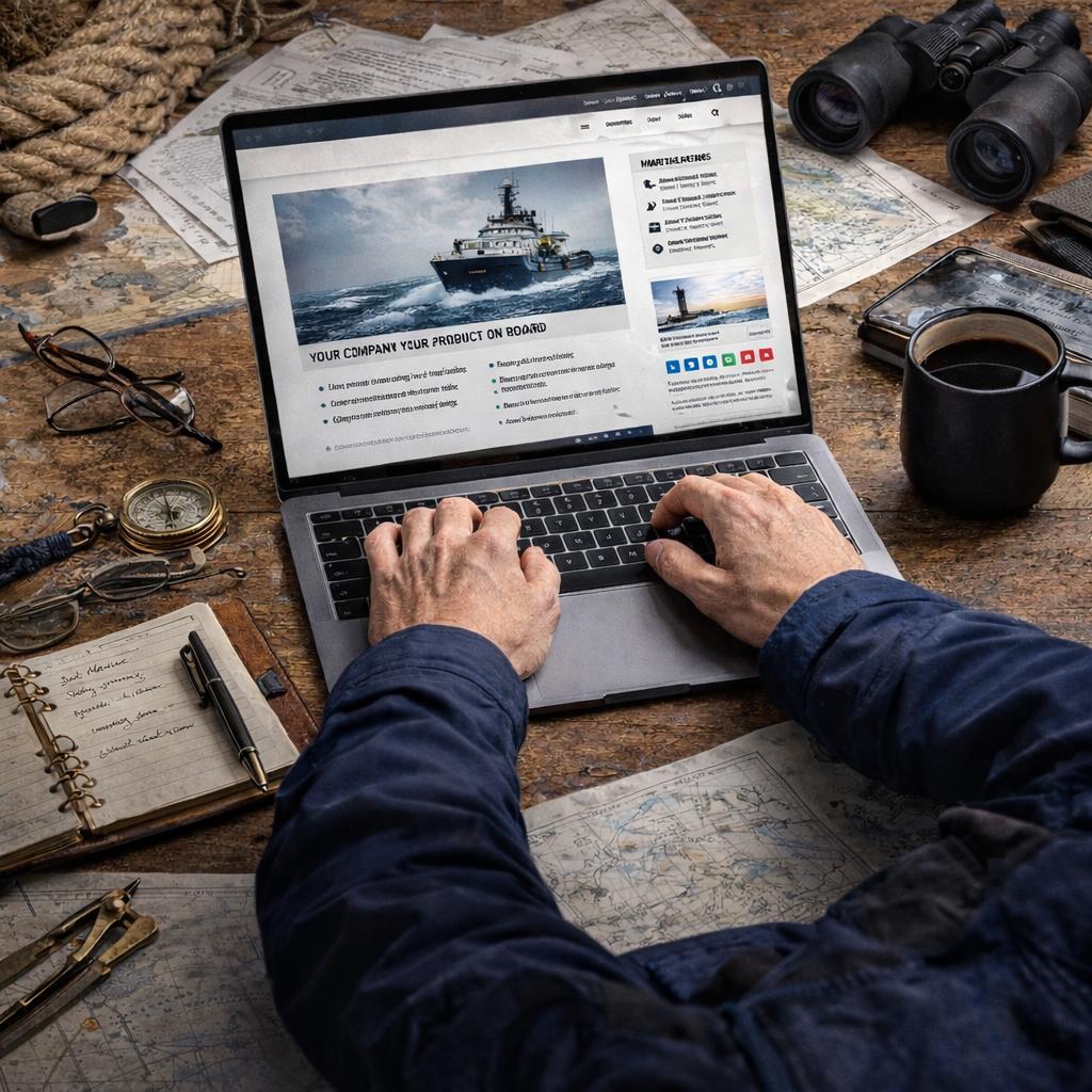 Person using a laptop on a desk with nautical items around