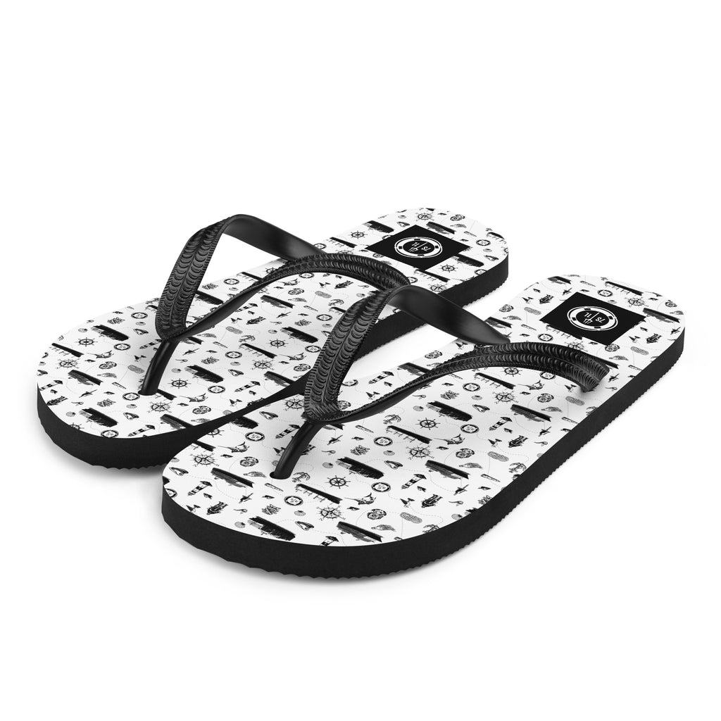 7SHORT1LONG® Cruise Ship Lifestyle flip flops in white and black with maritime pattern, featuring nautical-inspired design and comfortable sole