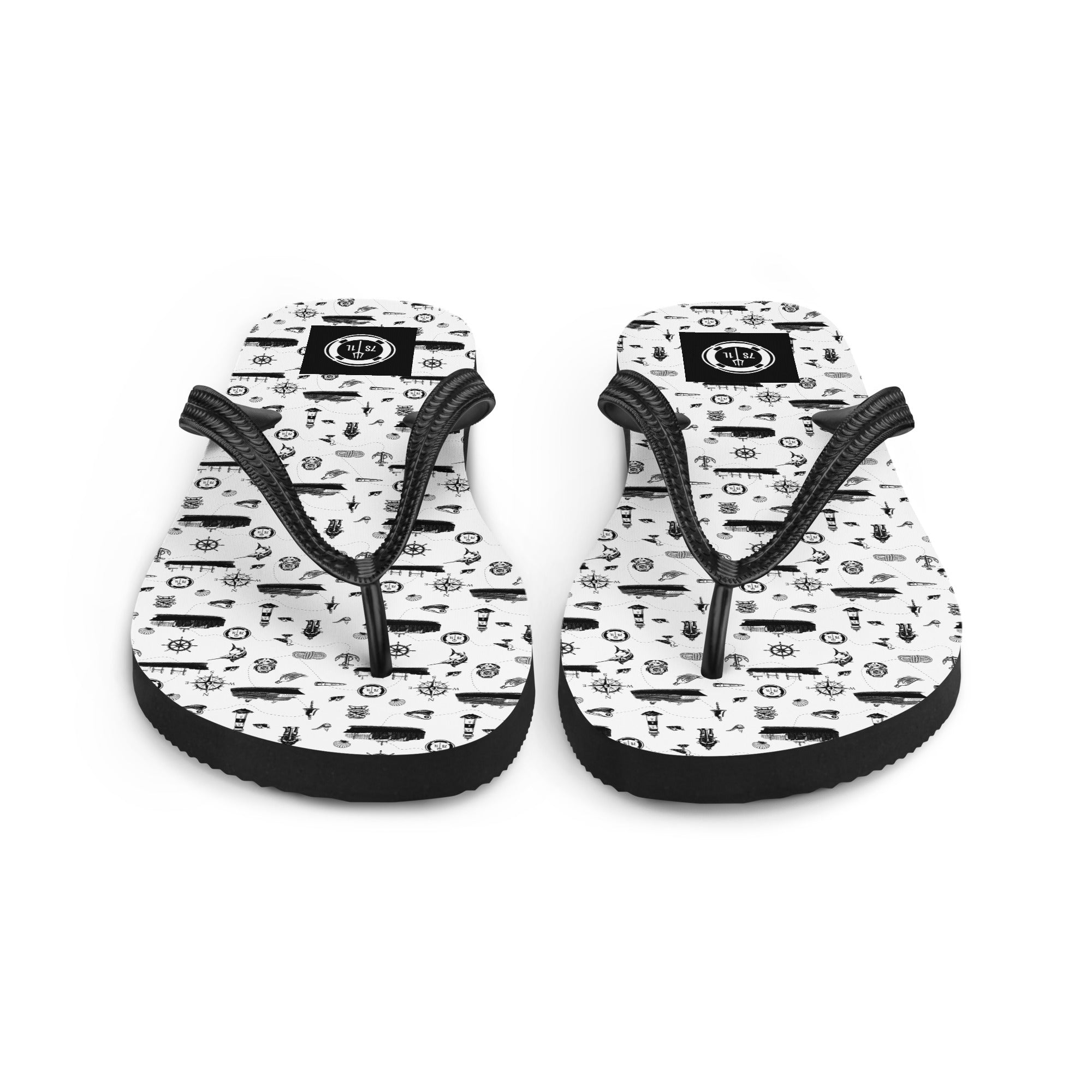 Luxury Cruise Ship Lifestyle flip flops by 7SHORT1LONG® in white and black with maritime pattern.