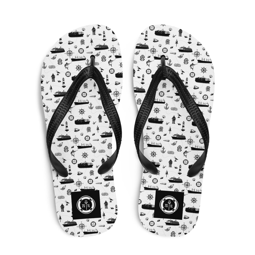 7SHORT1LONG® cruise ship lifestyle flip flops in white and black with maritime pattern, perfect for nautical-themed summer wear.