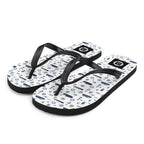 7SHORT1LONG® Coastal Cruise Flip Flops in white and navy with nautical pattern, featuring comfortable straps and beach-ready style.