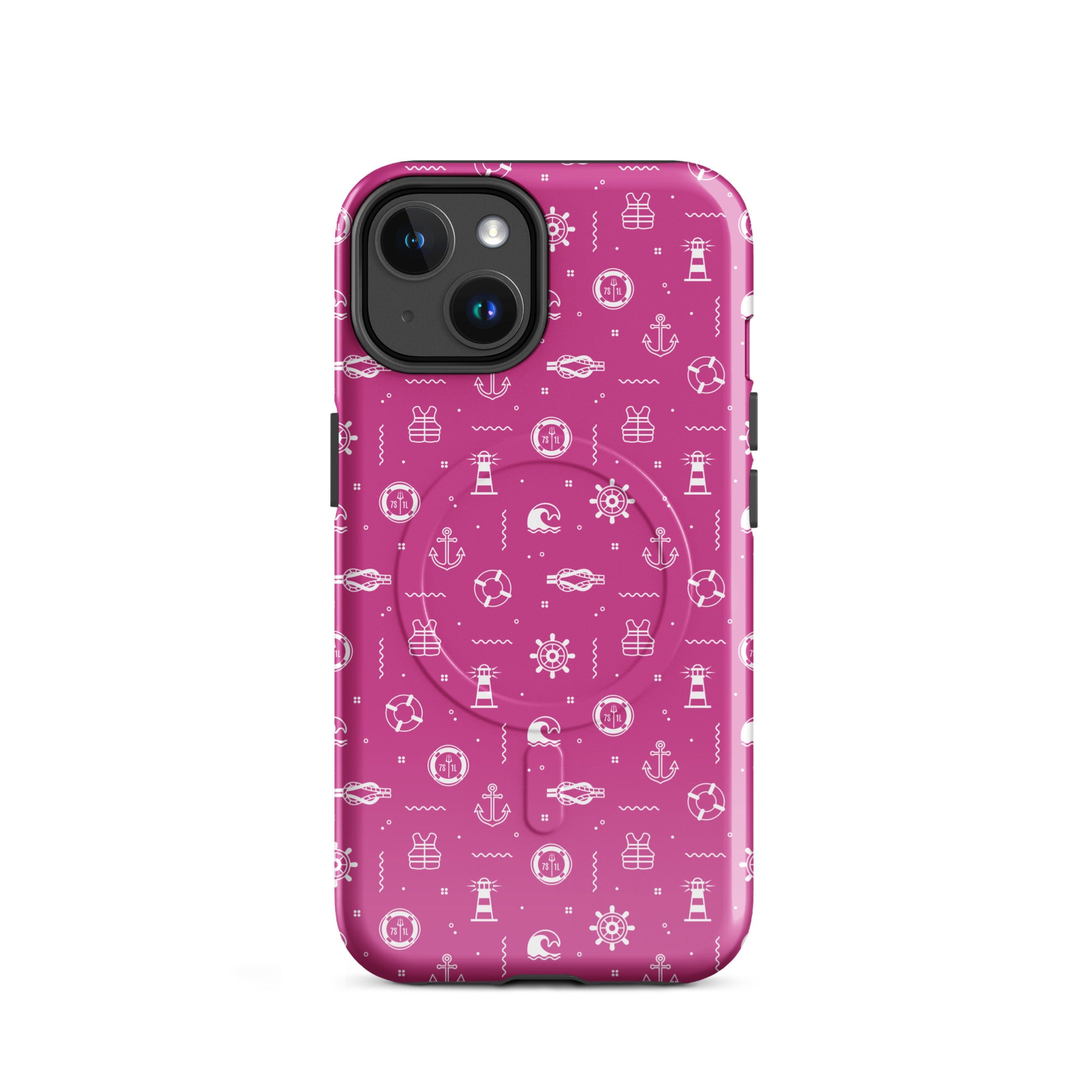 Glossy Anchor & Lighthouse Nautical MagSafe iPhone case by 7SHORT1LONG® on iPhone 14, featuring a nautical design and MagSafe compatibility.