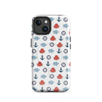 Phone case with nautical pattern featuring octopuses, anchors, and fish on a white background