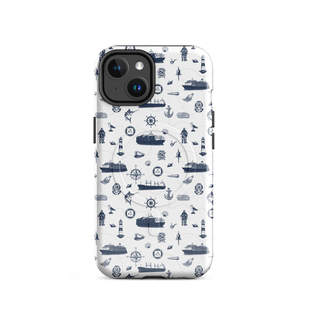 Seafarer design container ship iPhone case by 7SHORT1LONG® with MagSafe compatibility, glossy finish on iPhone 14.