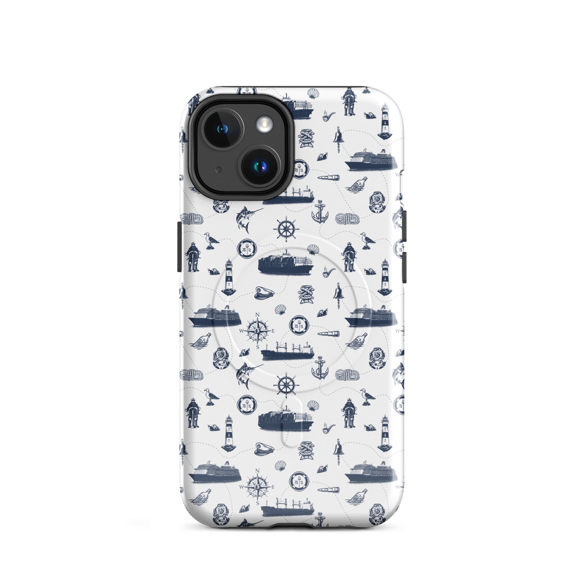 Seafarer design container ship iPhone case by 7SHORT1LONG® with MagSafe compatibility, glossy finish on iPhone 14.