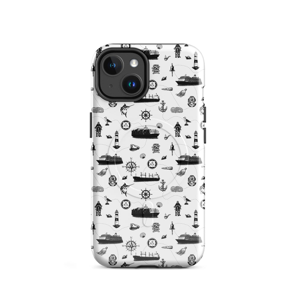 Luxury cruise iPhone case with black and white maritime pattern on a cruise ship