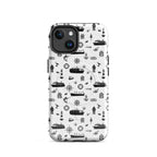 Luxury cruise iPhone case with black and white maritime pattern on a cruise ship