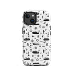 Luxury cruise iPhone case with black and white maritime pattern on a cruise ship