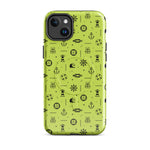 IPhone case with black pattern on a lemon green background