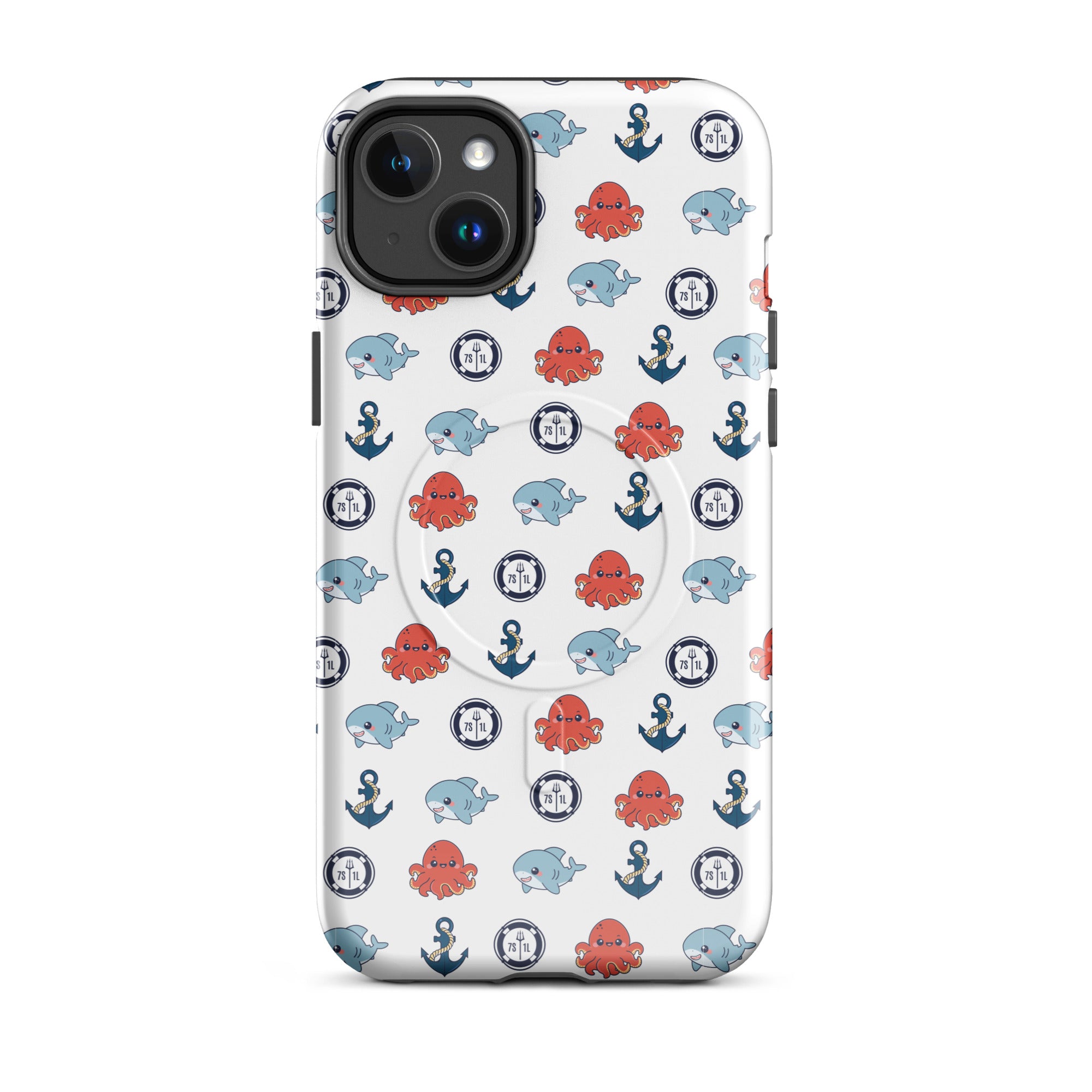 Glossy Marine MagSafe iPhone 14 Plus case featuring colorful ocean animals design by 7SHORT1LONG®.