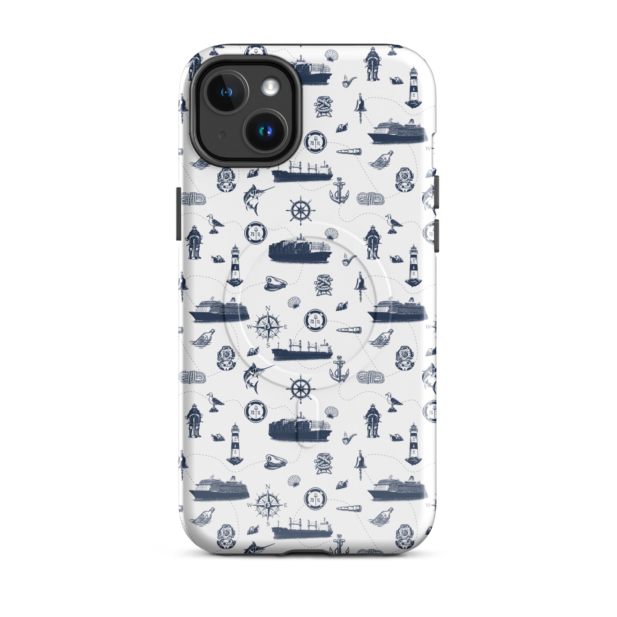 Seafarer design Container Ship iPhone case by 7SHORT1LONG® with glossy finish, MagSafe compatible for iPhone 14 Plus.
