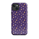 Phone case with a purple background and small icons on a white background