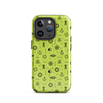IPhone case with black pattern on a lemon green background