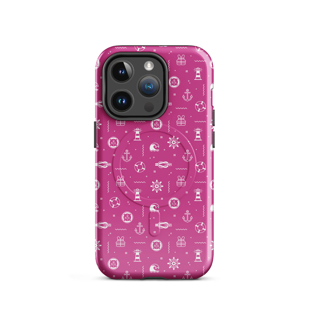 Glossy Anchor & Lighthouse Nautical MagSafe iPhone case for iPhone 14 Pro by 7SHORT1LONG®, featuring a marine-inspired design.