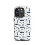 Glossy MagSafe tough iPhone 14 Pro case featuring a seafarer container ship design by 7SHORT1LONG®.