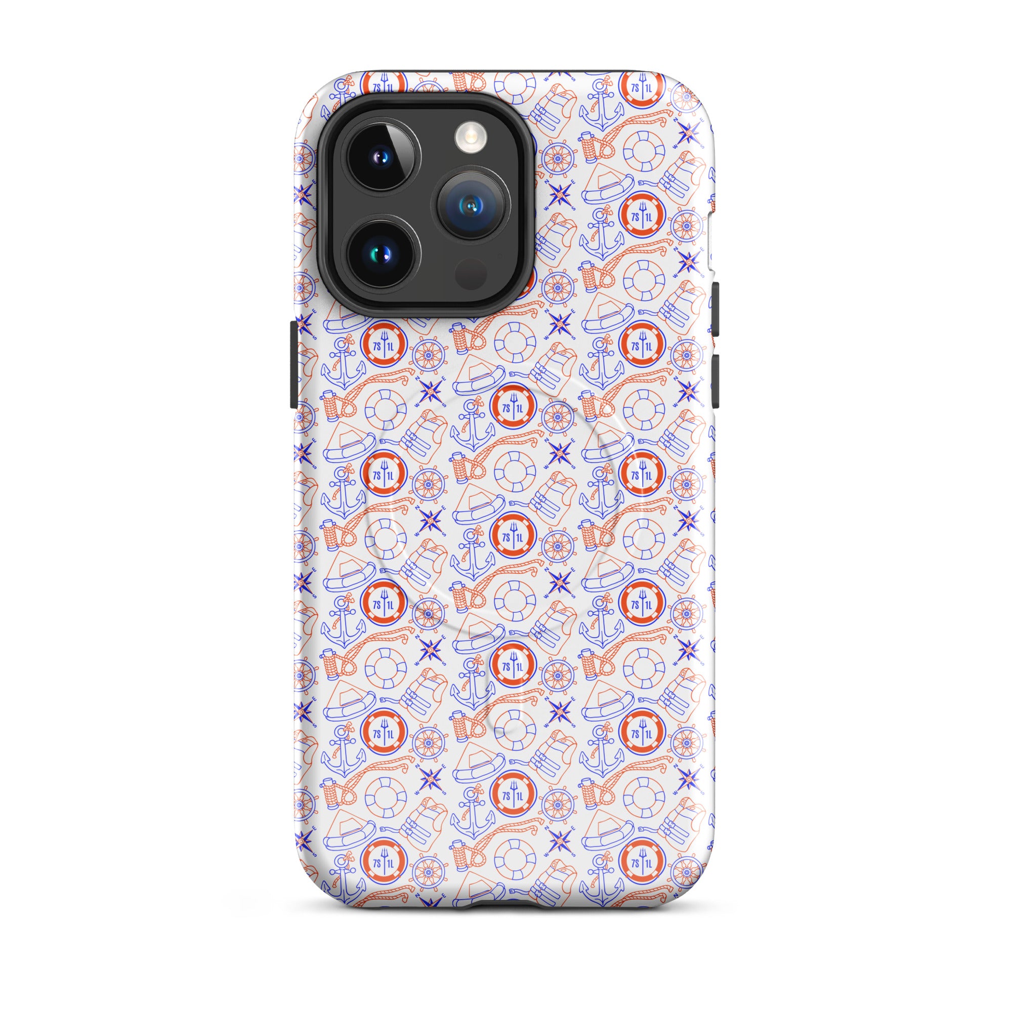 Glossy Coast Guard Nautical iPhone MagSafe case by 7SHORT1LONG® on an iPhone 14 Pro Max, featuring maritime design and durable protection.