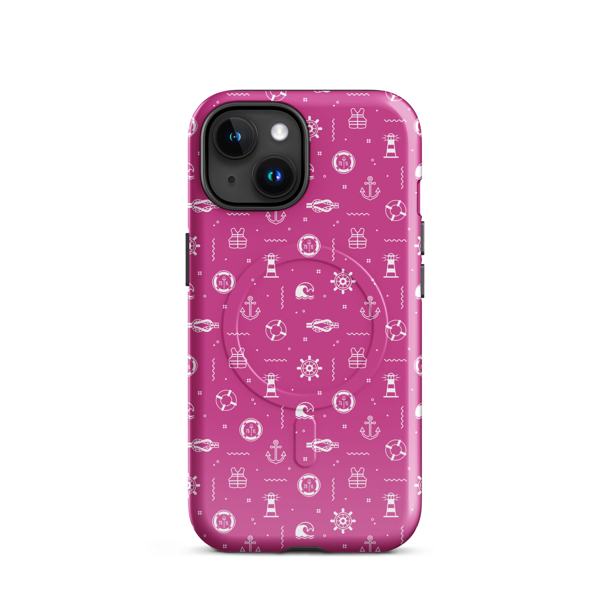 Glossy Anchor & Lighthouse Nautical MagSafe iPhone 15 case by 7SHORT1LONG®, featuring nautical design and durable MagSafe compatibility.