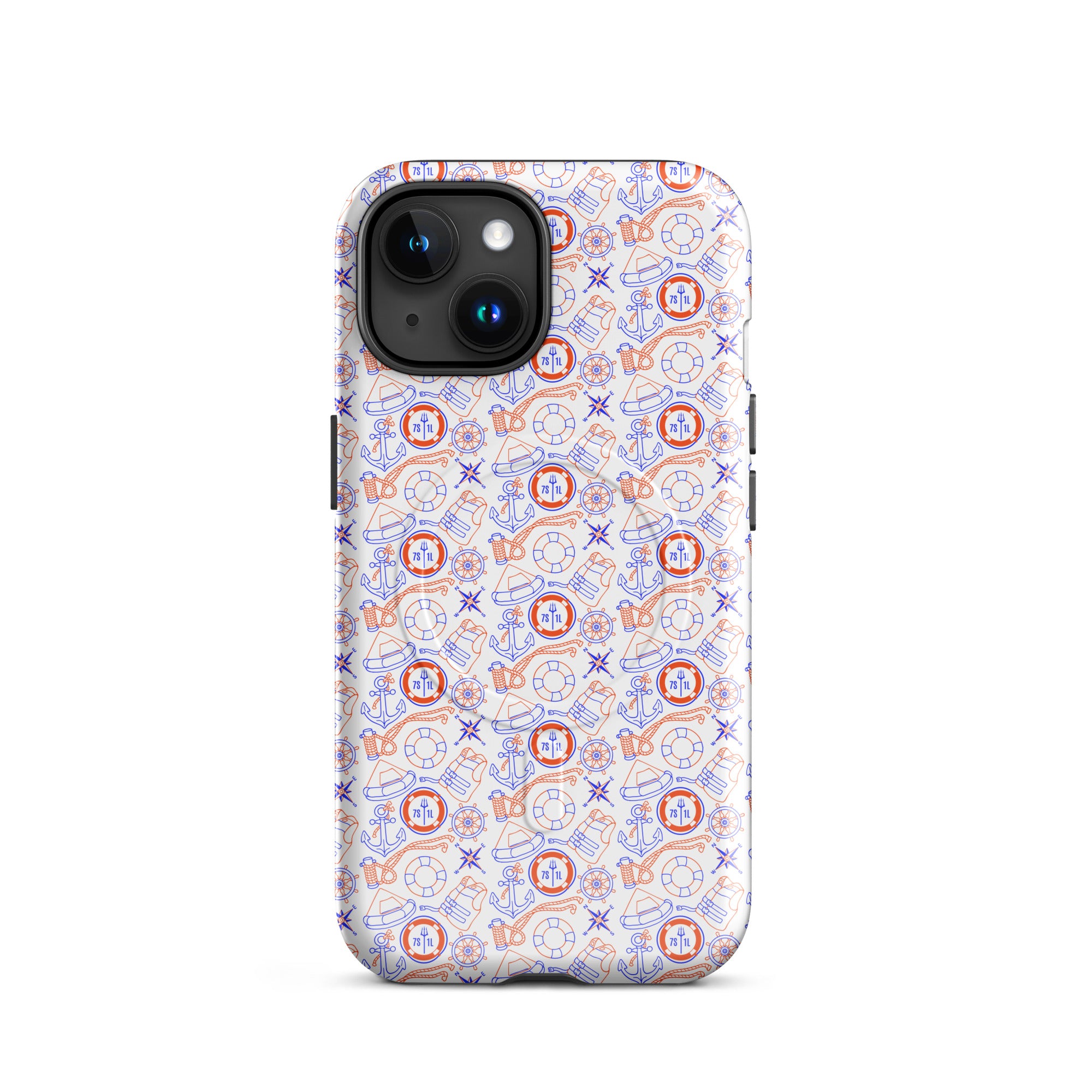 Glossy Coast Guard Nautical MagSafe iPhone 15 case by 7SHORT1LONG® featuring a maritime design and durable construction.