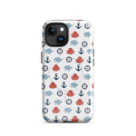 Phone case with nautical pattern featuring octopuses, anchors, and whales on a white background