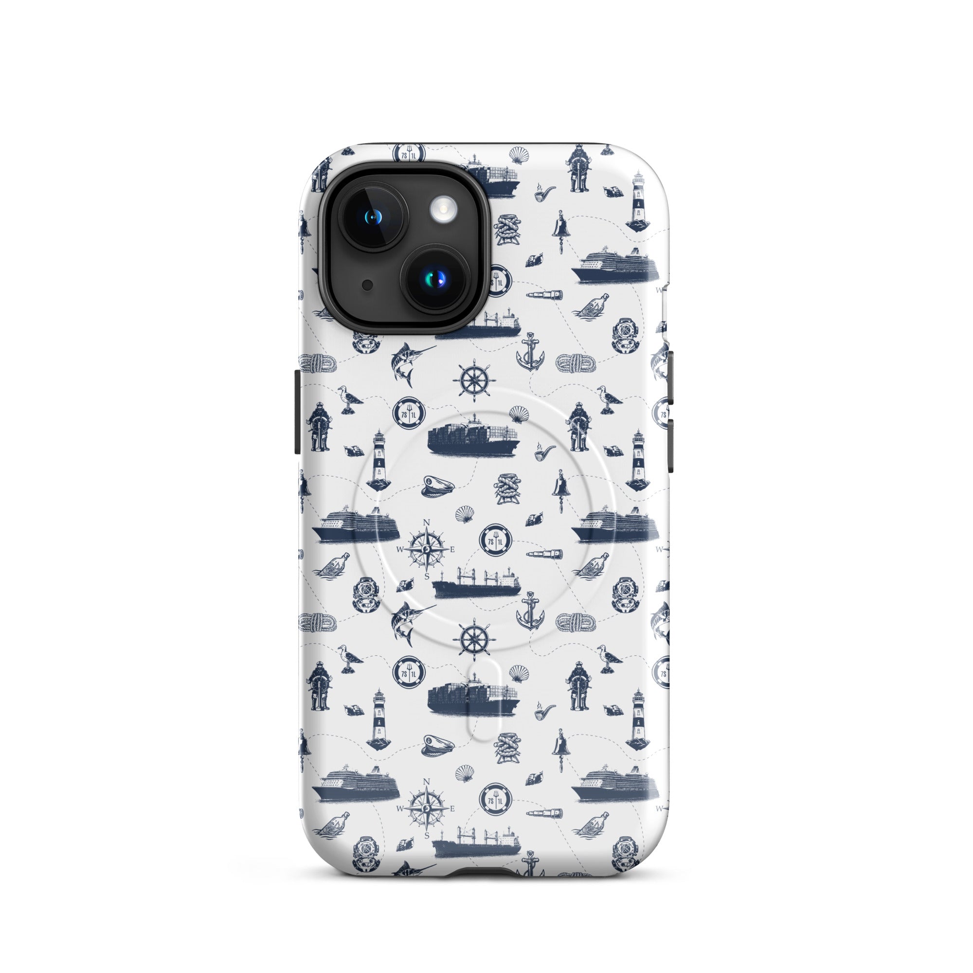 Glossy MagSafe iPhone 15 case by 7SHORT1LONG® featuring a seafarer container ship design on a tough, protective cover.