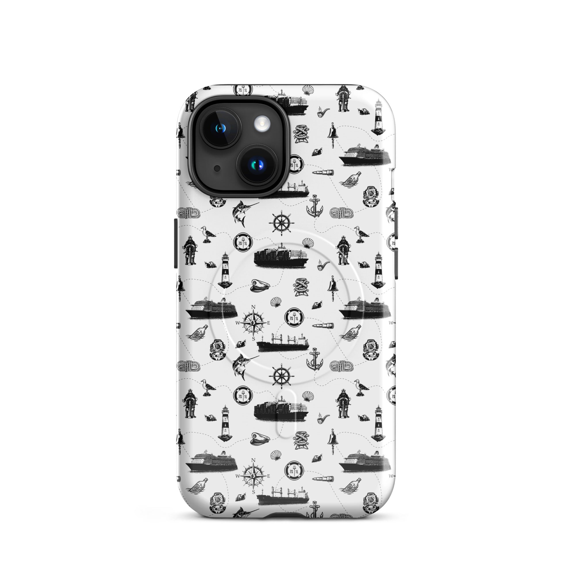 Luxury cruise iPhone case with black and white maritime pattern on a cruise ship