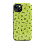 IPhone case with black pattern on a lemon green background