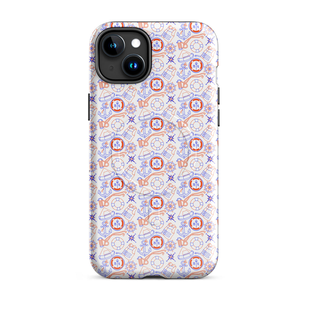 Glossy Coast Guard Nautical iPhone MagSafe case by 7SHORT1LONG® on iPhone 15 Plus, showcasing durable design and nautical theme.