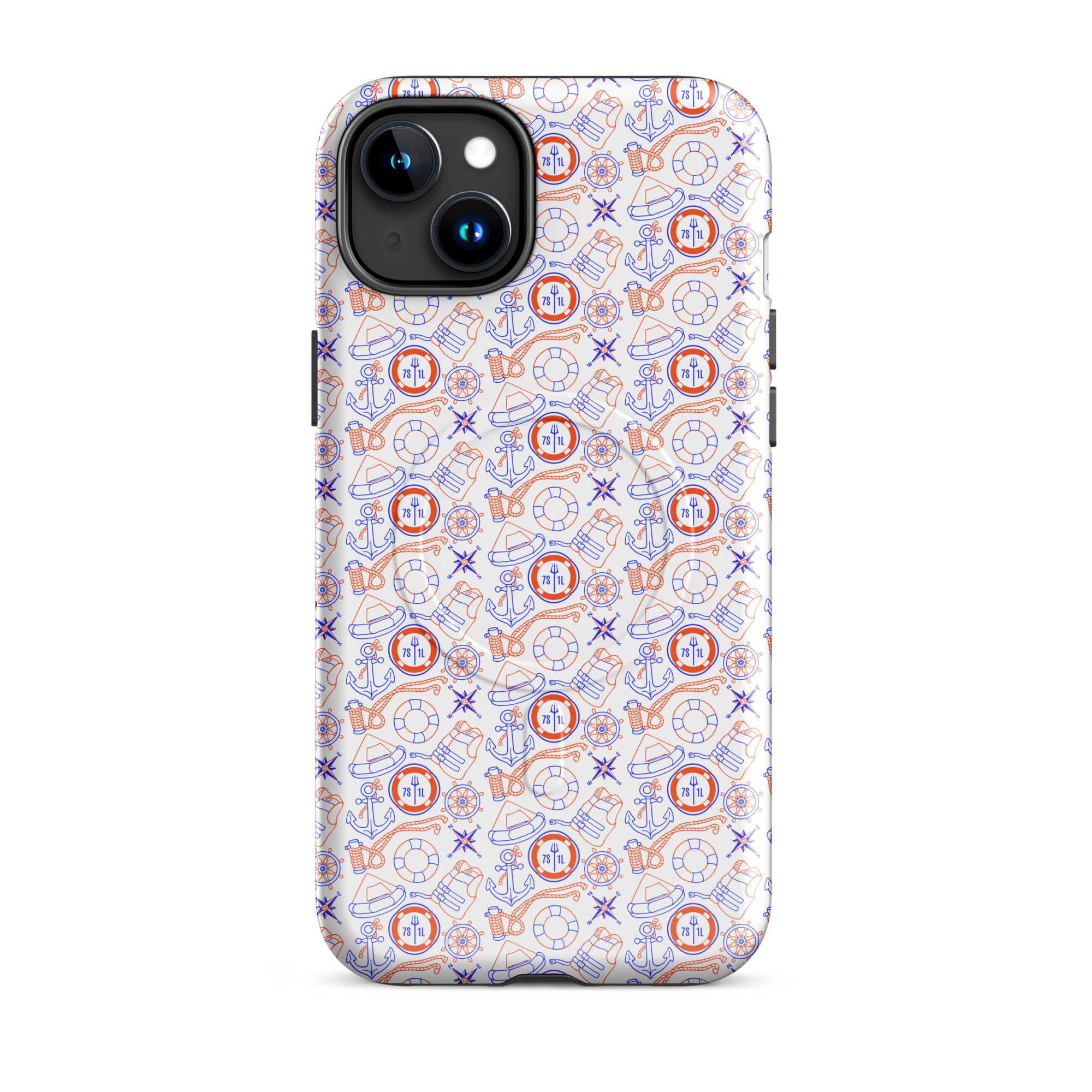 Glossy Coast Guard Nautical iPhone MagSafe case by 7SHORT1LONG® on iPhone 15 Plus, showcasing durable design and nautical theme.