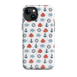 Phone case with nautical pattern featuring octopuses, whales, and anchors on a white background