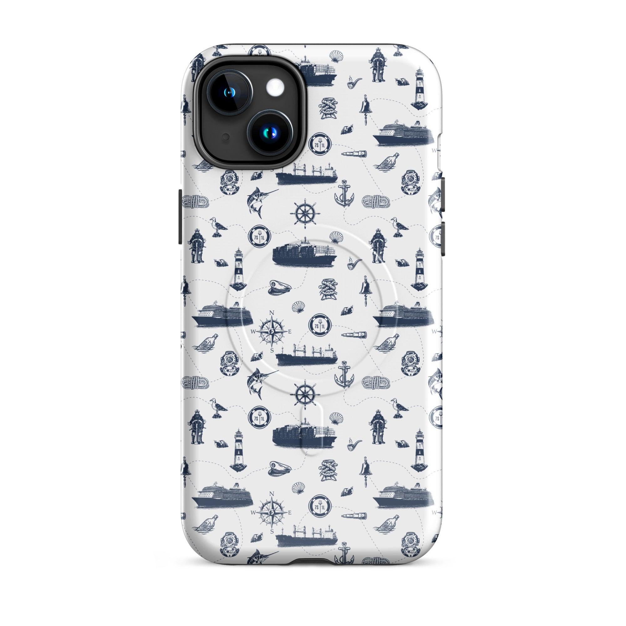 Glossy MagSafe tough case for iPhone 15 Plus featuring a Container Ship seafarer design by 7SHORT1LONG®.