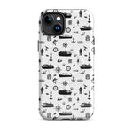 Luxury cruise iPhone case with black and white maritime pattern on a cruise ship