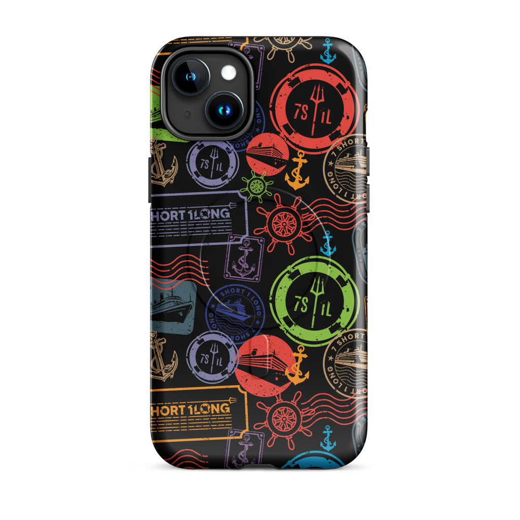 iPhone case with passport stamps and  black background