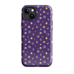 Purple phone case with a pattern of anchors and other nautical symbols on a white background