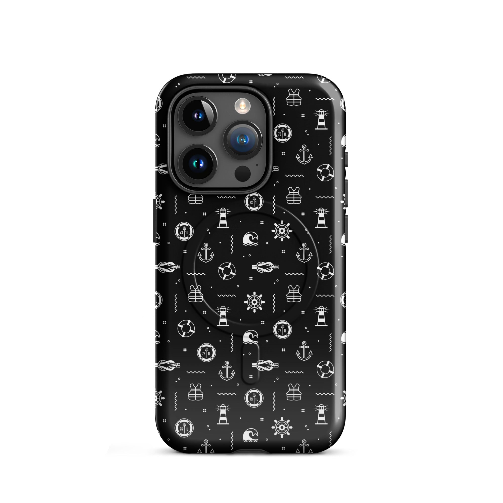 iPhone case with maritime pattern on a black background