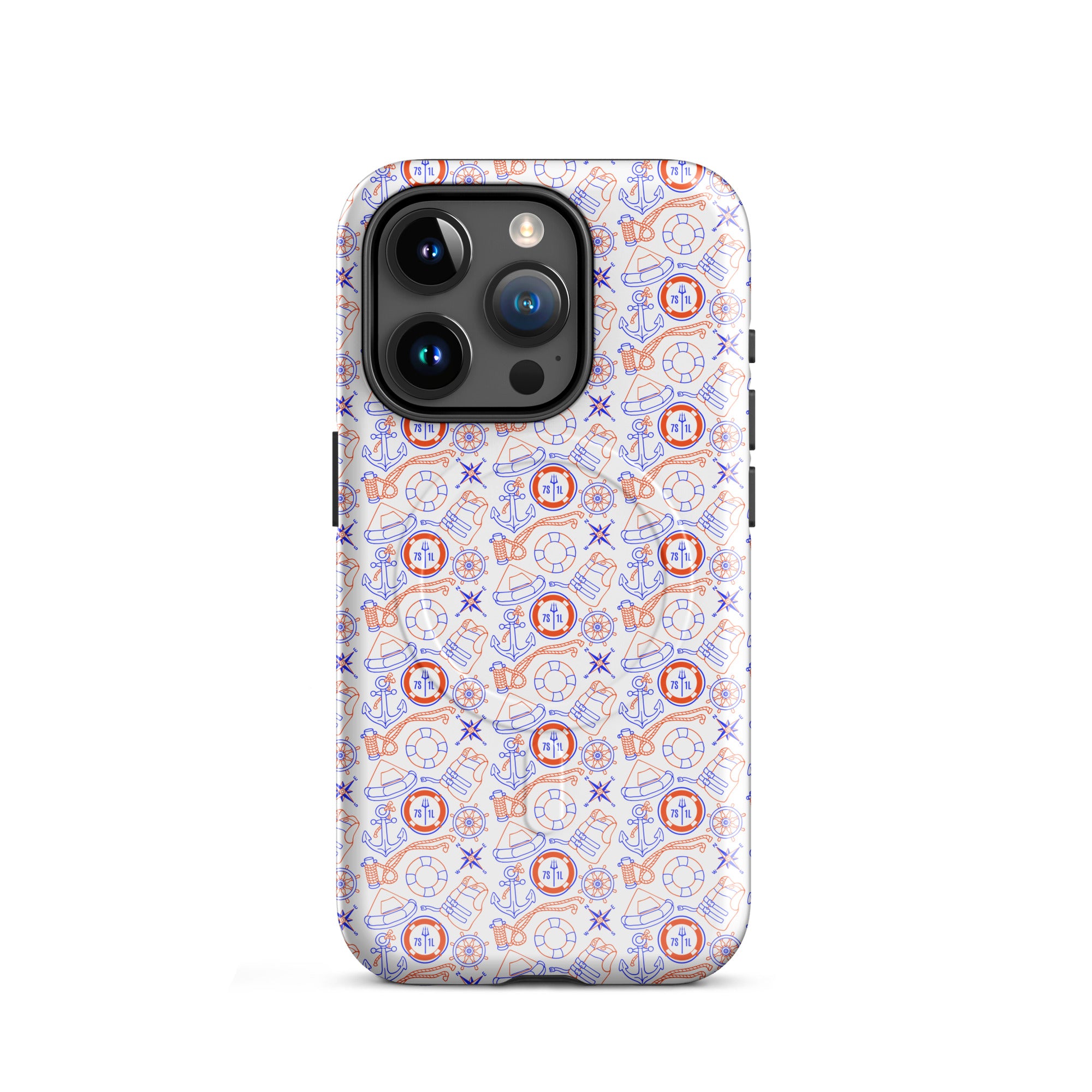 Glossy Coast Guard Nautical MagSafe iPhone 15 Pro case by 7SHORT1LONG® featuring maritime design and durable protection.