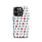 Phone case with nautical pattern featuring octopuses, anchors, and whales on a white background