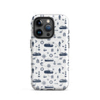 Glossy iPhone 15 Pro MagSafe tough case with seafarer container ship design by 7SHORT1LONG®.