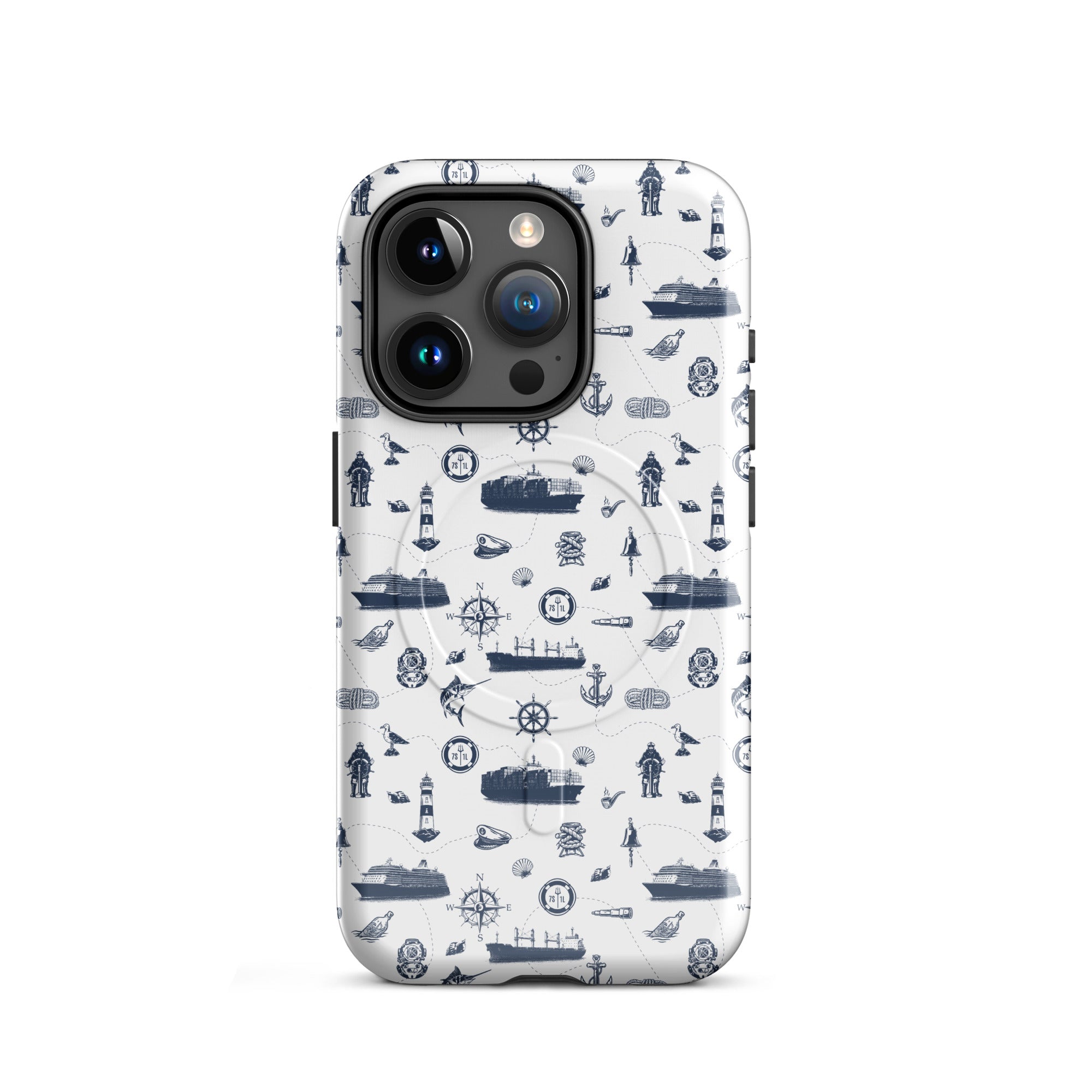 Glossy iPhone 15 Pro MagSafe tough case with seafarer container ship design by 7SHORT1LONG®.