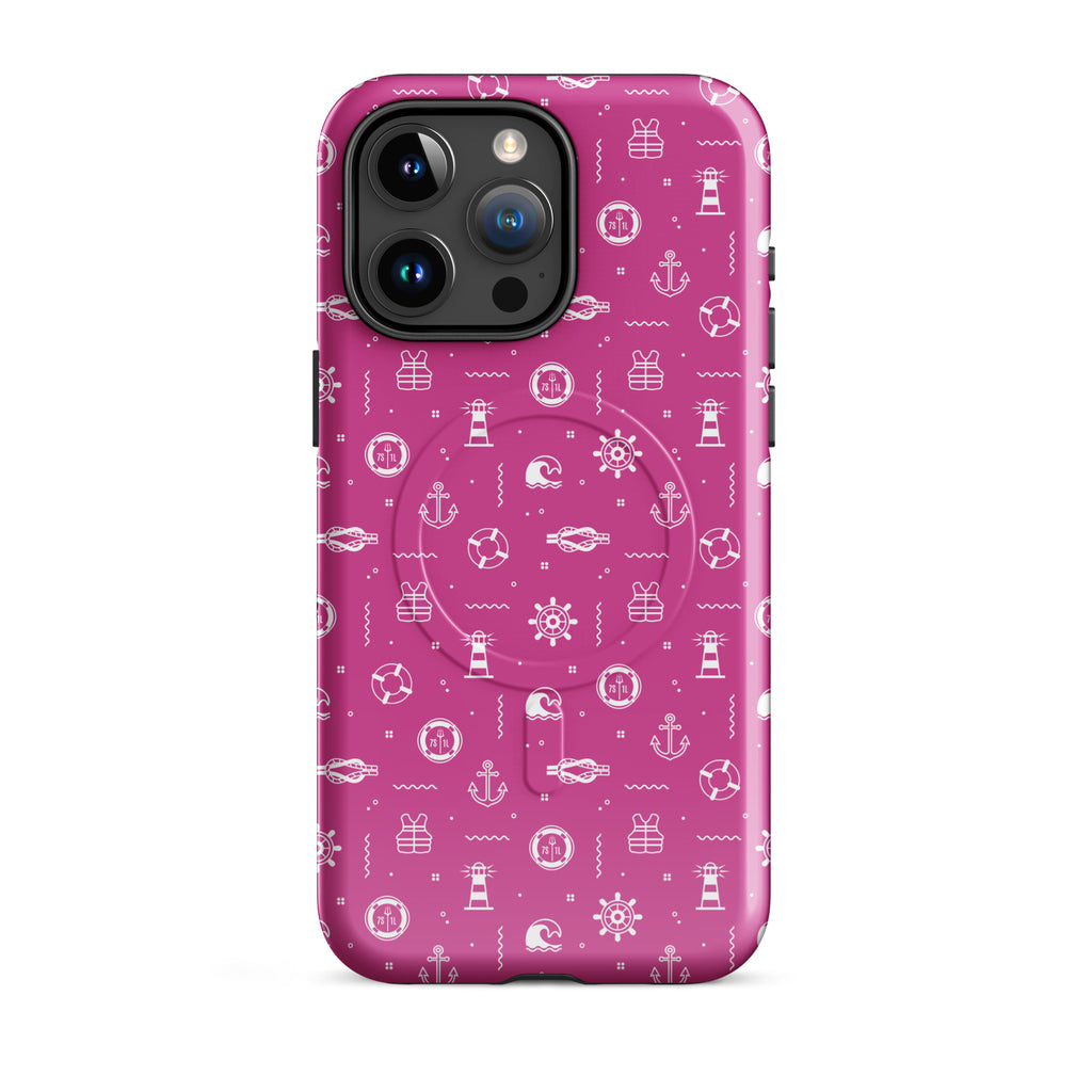 Glossy Anchor & Lighthouse Nautical MagSafe iPhone 15 Pro Max case by 7SHORT1LONG® with nautical design and reinforced edges.