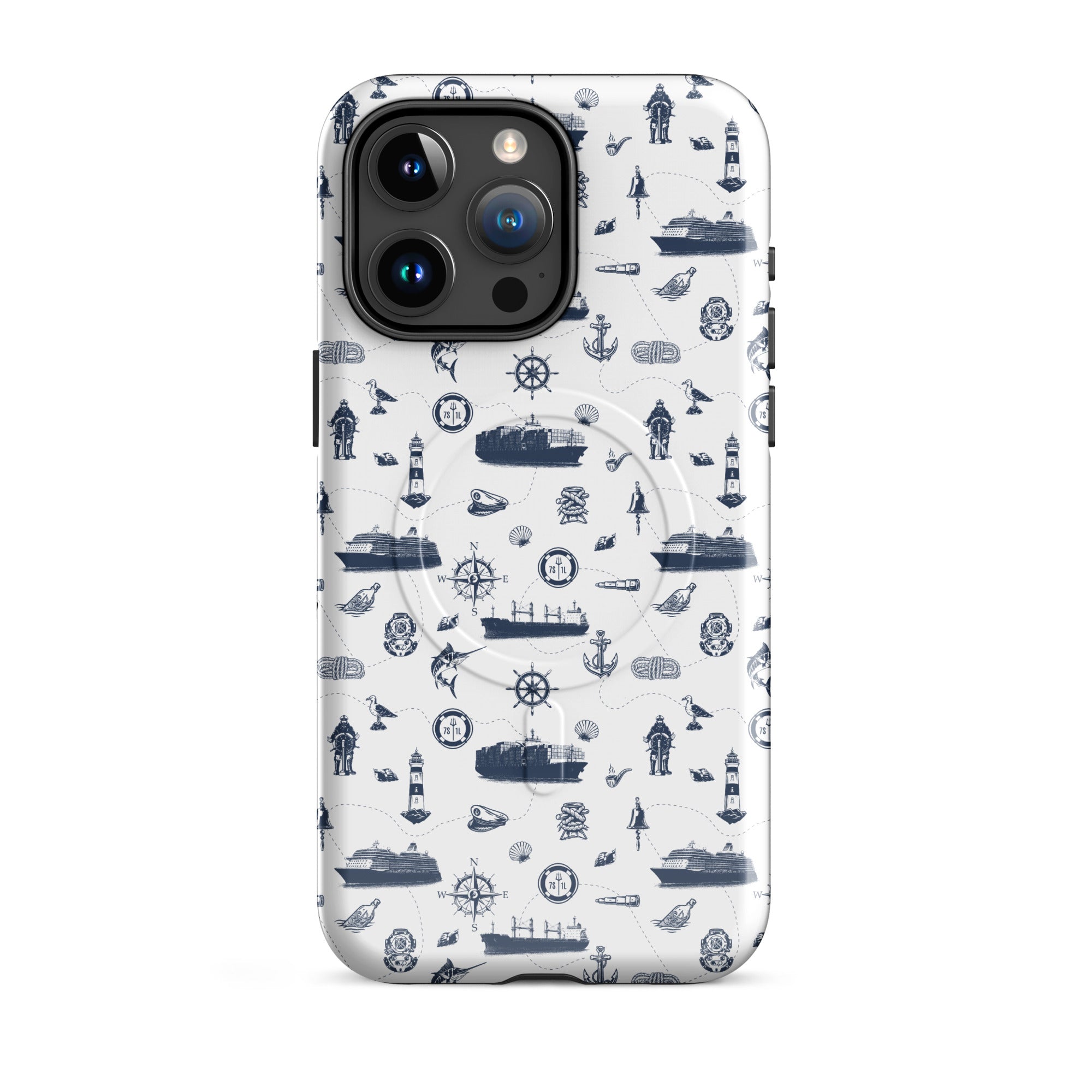 Glossy iPhone 15 Pro Max case with seafarer container ship design for MagSafe by 7SHORT1LONG®.