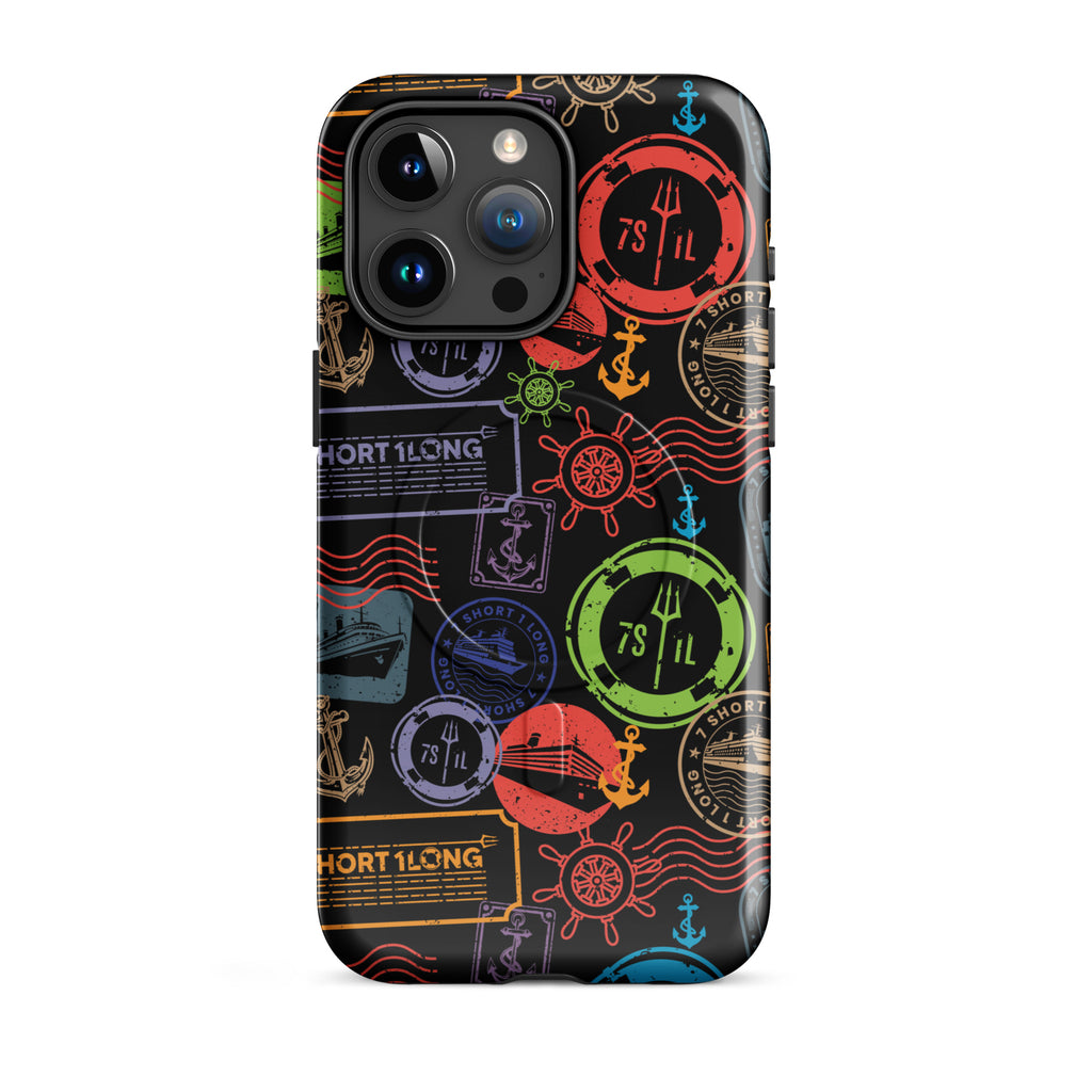 iPhone case with passport stamps and  black background