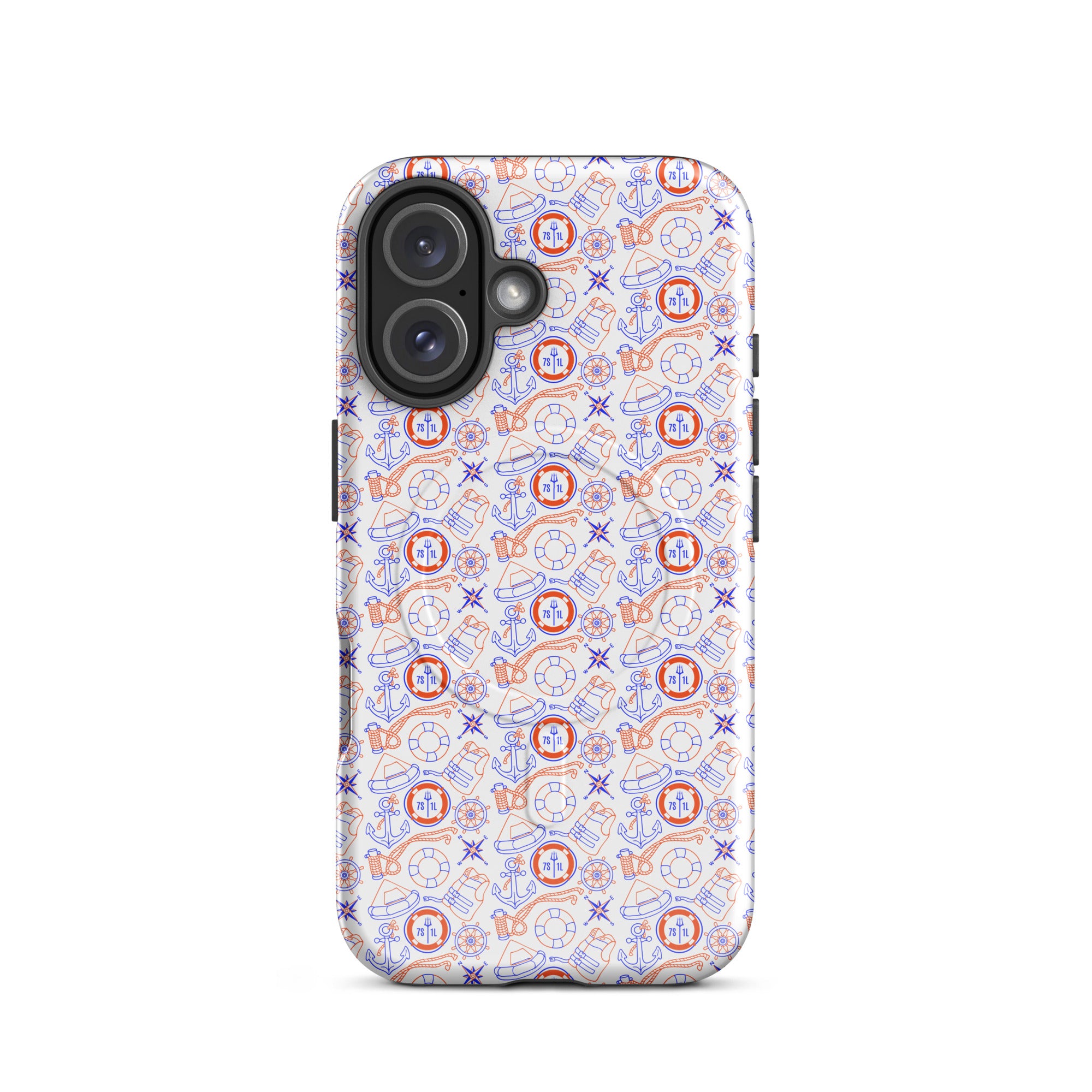 Glossy Coast Guard Nautical MagSafe iPhone 16 case by 7SHORT1LONG®, featuring a maritime-themed design and durable construction.