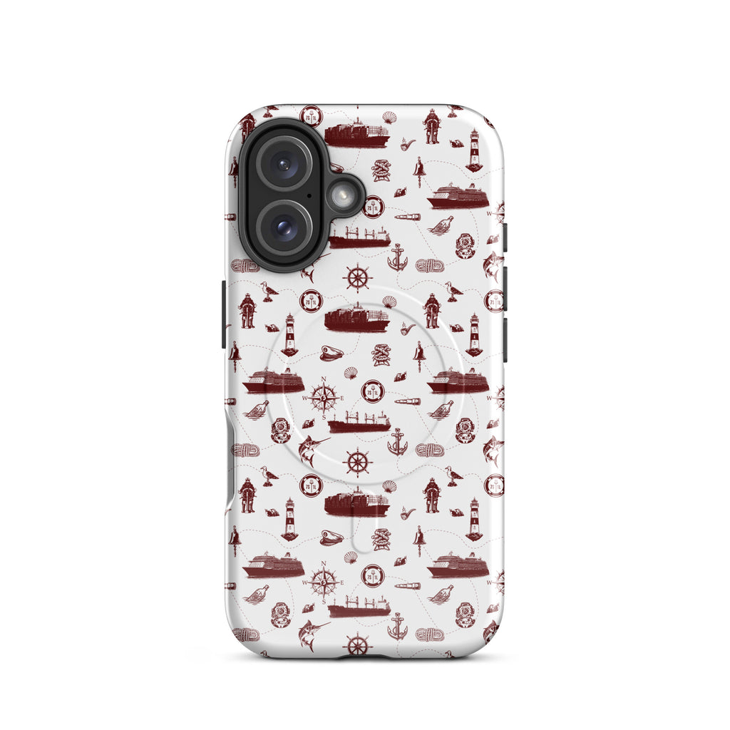 Phone case with red maritime pattern on a white background