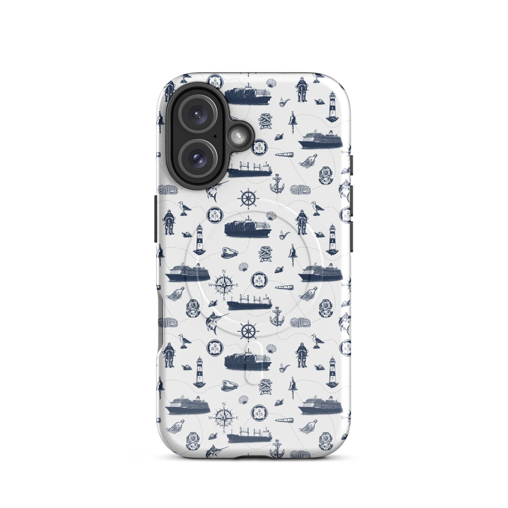 Glossy MagSafe tough iPhone 16 case with seafarer container ship design by 7SHORT1LONG® featuring a durable, protective look