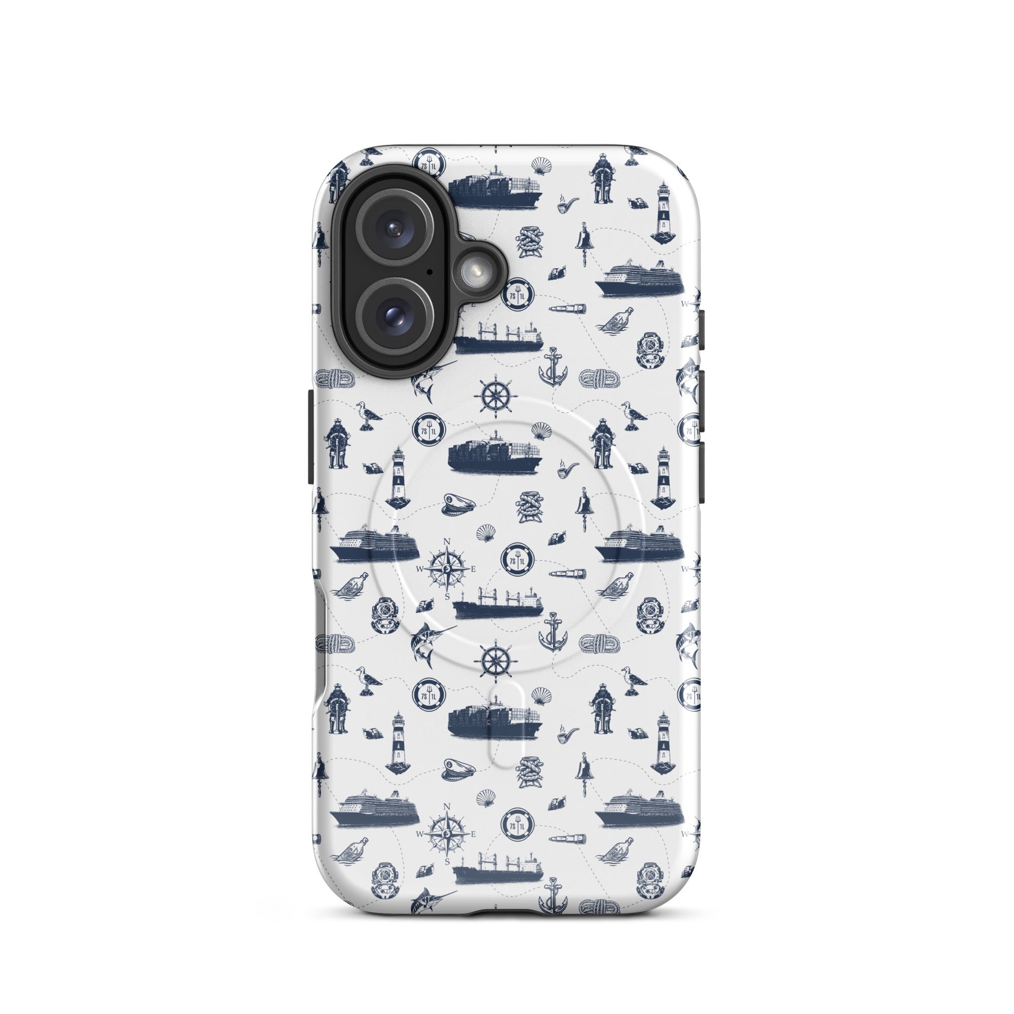 Glossy MagSafe tough iPhone 16 case with seafarer container ship design by 7SHORT1LONG® featuring a durable, protective look