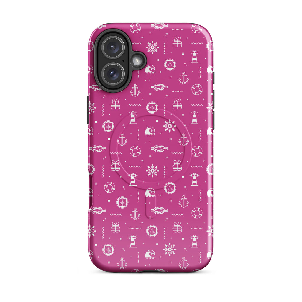 Glossy Anchor & Lighthouse Nautical MagSafe iPhone Case by 7SHORT1LONG® on iPhone 16 Plus, featuring nautical design and MagSafe compatibility.