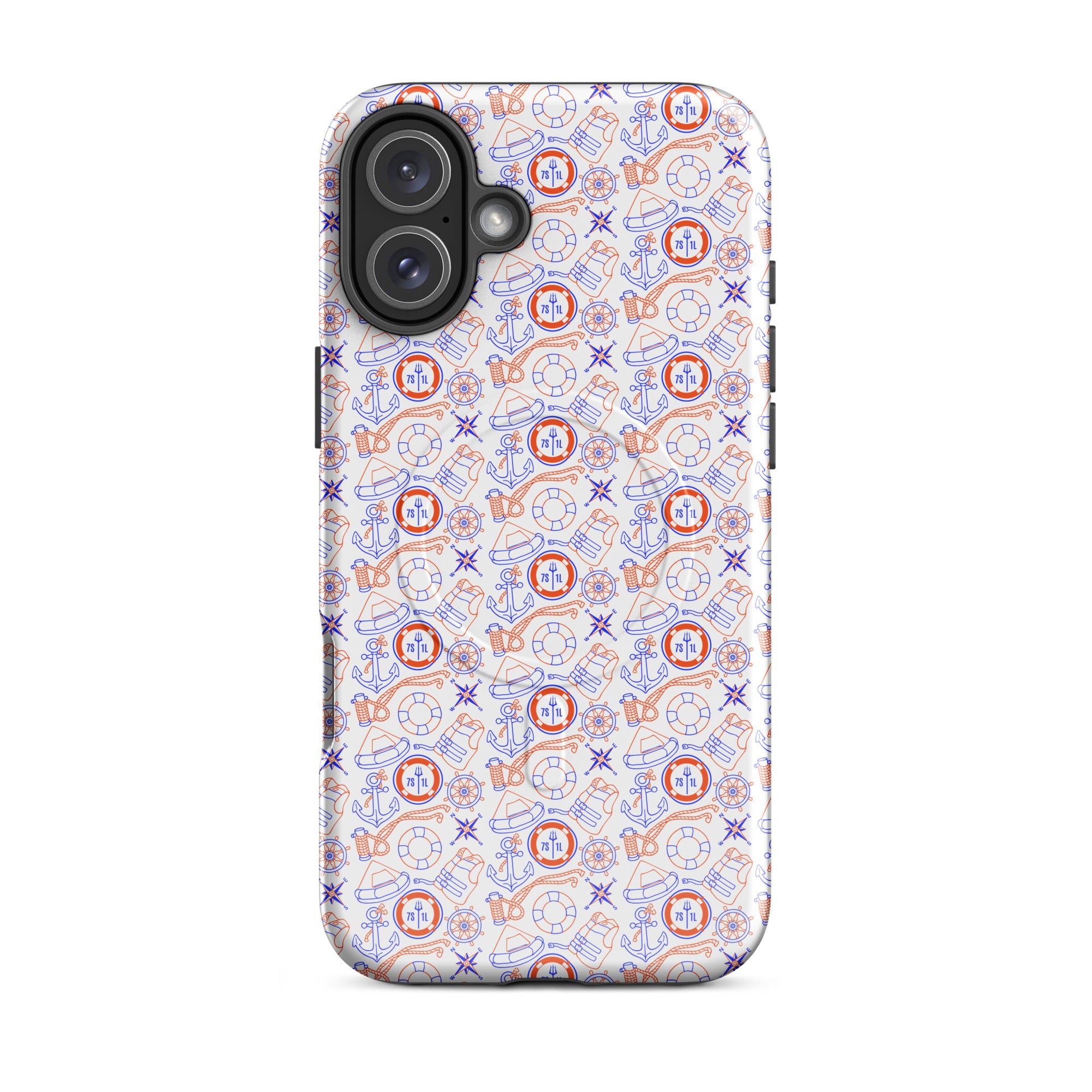 Glossy Coast Guard Nautical iPhone MagSafe case by 7SHORT1LONG® for iPhone 16 Plus, showing the durable, maritime-themed design.