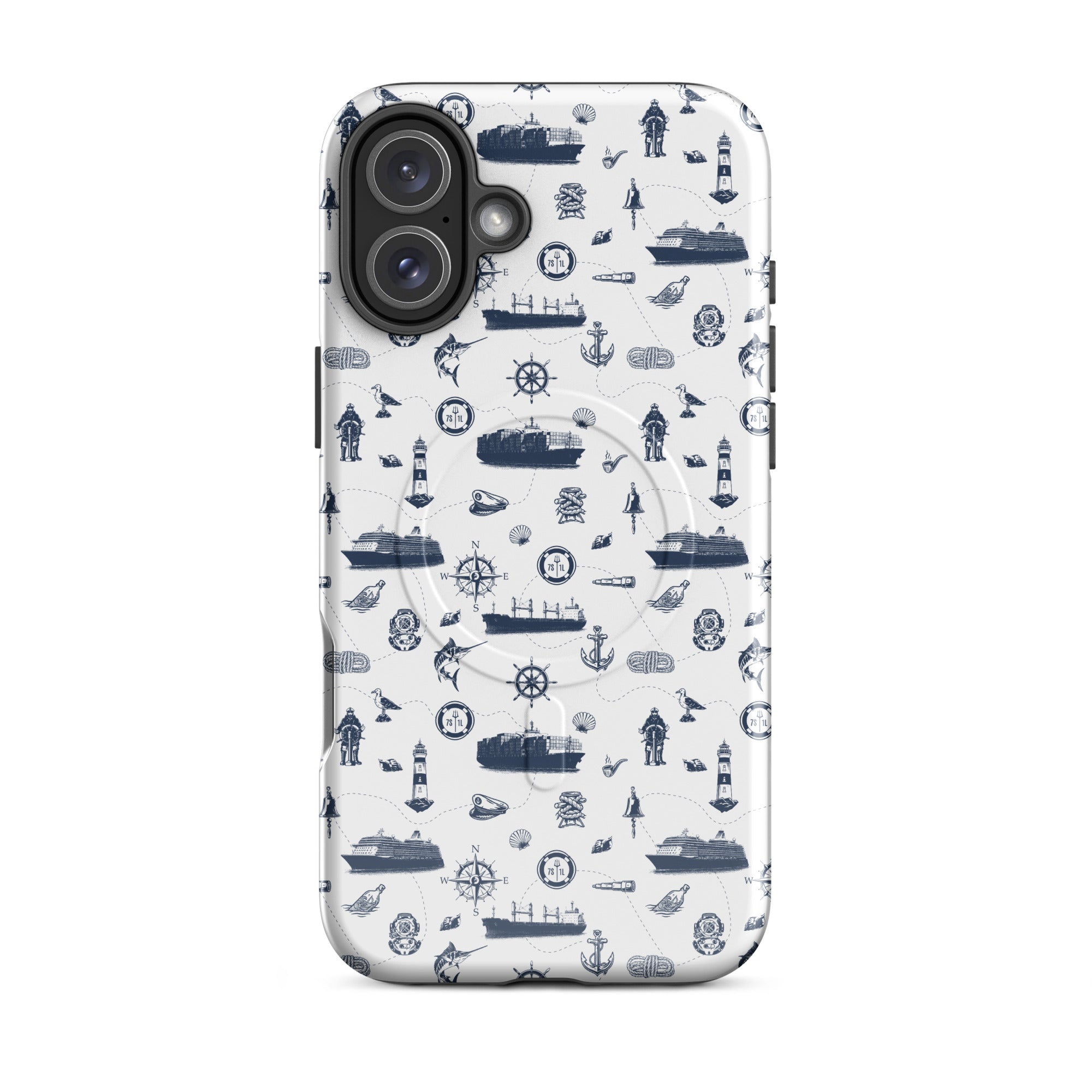 Seafarer design Container Ship iPhone case by 7SHORT1LONG® with MagSafe compatibility on a glossy iPhone 16 Plus.
